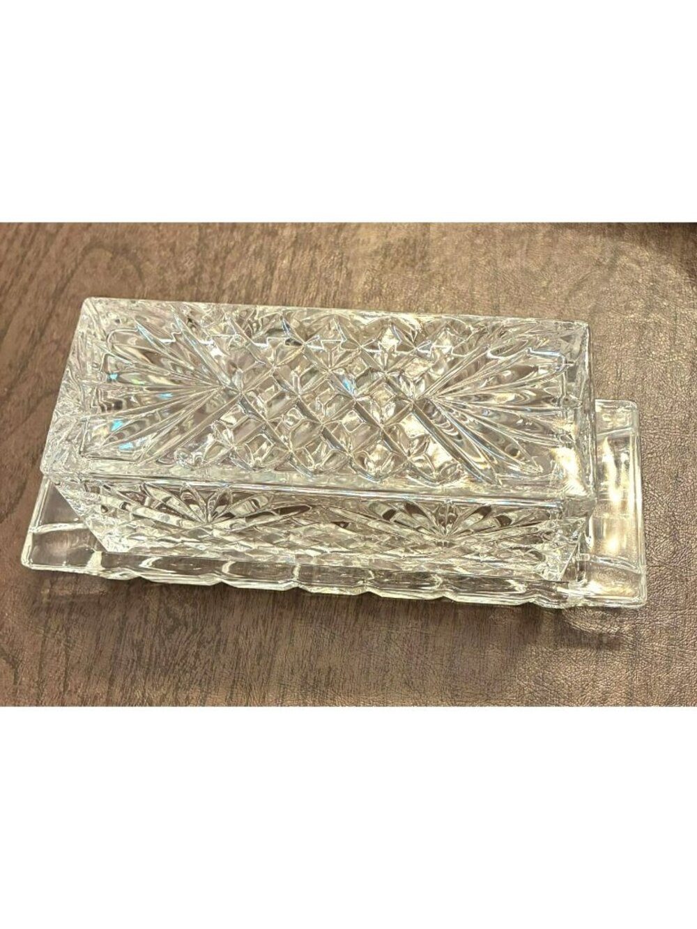 Vintage Crystal Butter Dish With Lid Intricate Diamond Starburst Pattern JH1854